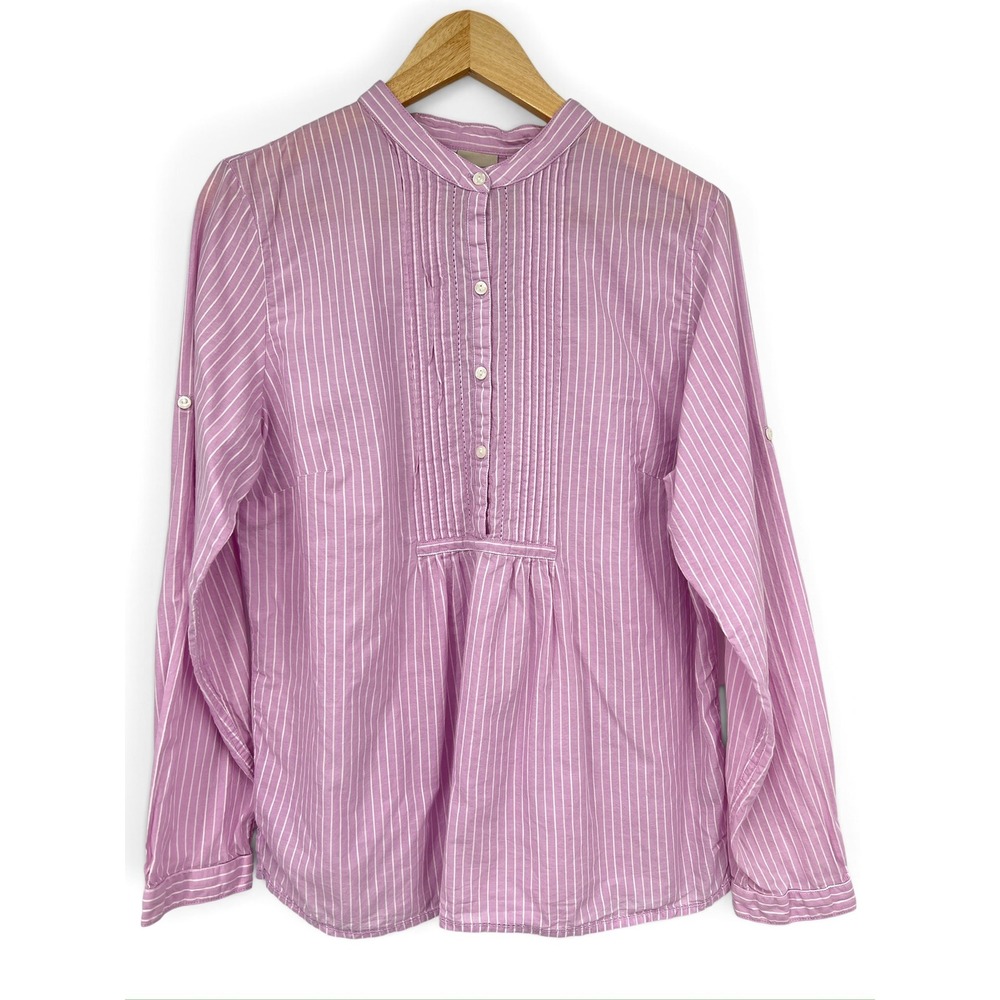 L.L. Bean Lilac Striped Pintuck Band Collar Roll Tab Blouse Womens M